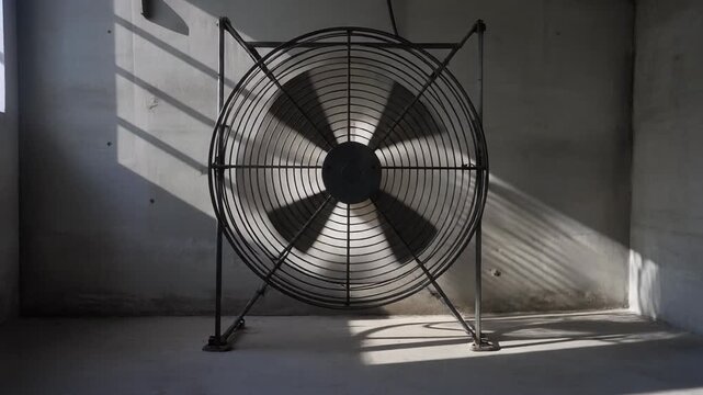 Large industrial fan standing alone in a dimly lit room with sunlight casting shadows on the wall