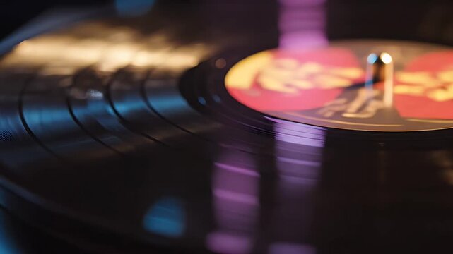 Close-up of a vinyl record spinning on a turntable with colorful lighting.