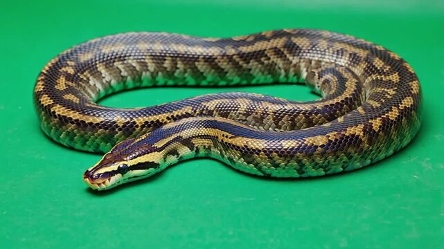 A striking brown and gold patterned snake lies coiled and alert against a vibrant green studio background. green screen snake video