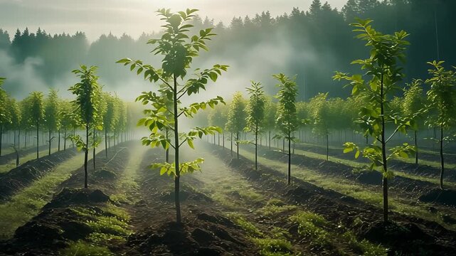 Rows of young trees stand in a misty forest nursery with morning sunlight filtering through the fog