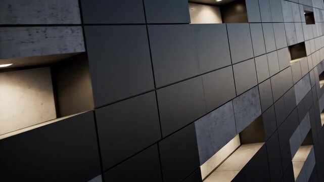 Perfectly tileable seamless texture loop of a stylized dark modern building facade with recessed architectural window lighting designed for background matte applications building, digital, screen