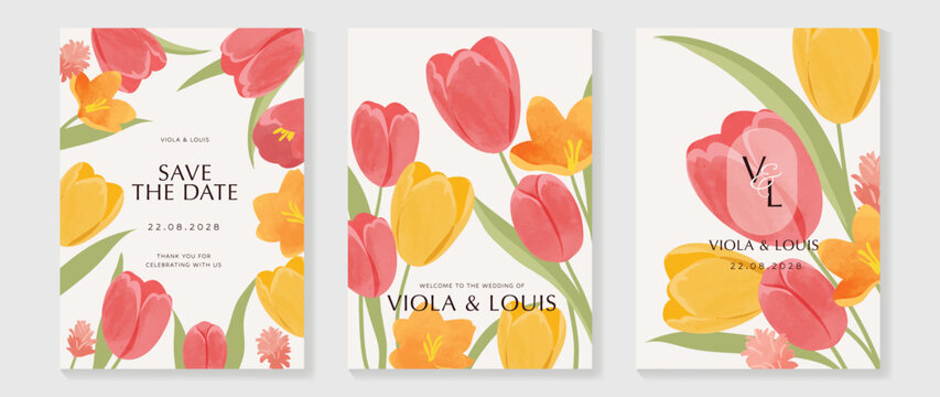 Watercolor floral wedding invitation vector set with yellow, orange and blush pink watercolor background, tulip flowers, botanical leaves and soft paint wash. Bright design for save the date cards.