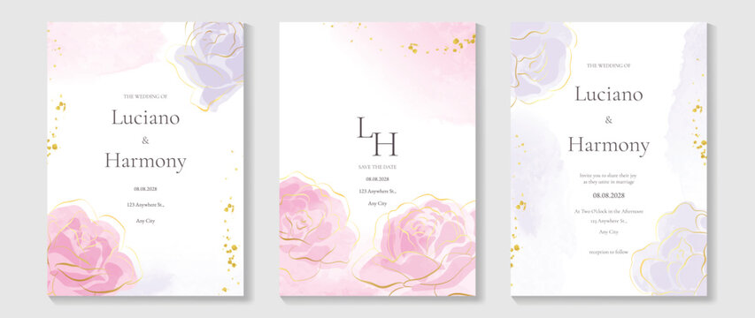 Minimal watercolor wedding invitation vector set with champagne beige and blush pink watercolor background, gold dust accents, botanical leaves and monogram frames. 