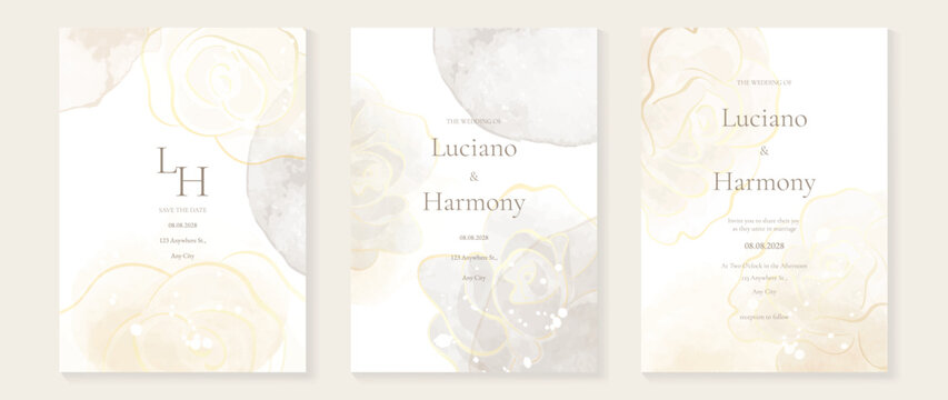 Minimal watercolor wedding invitation vector set with champagne beige and blush pink watercolor background, gold dust accents, botanical leaves and monogram frames. 