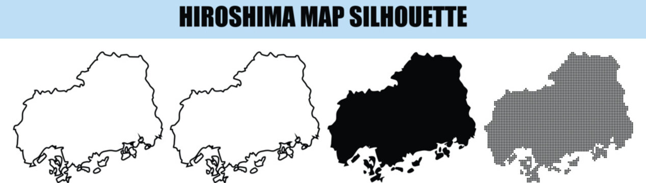 Hiroshima map silhouette pack with outline filled and halftone textures for regional branding and geography illustrations