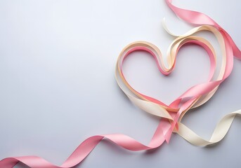 Pink and Cream Ribbons Twisted into a Heart Shape on White Background