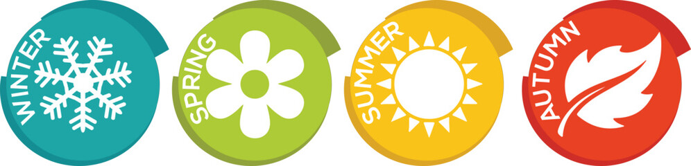 Four circular badges illustrate the yearly seasons: winter snowflake, spring flower, summer sun, and autumn leaf.