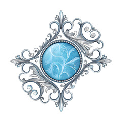Elegant Silver Filigree Ornament with Blue Centerpiece on Transparent Background