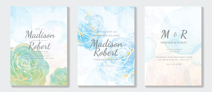 Watercolor floral wedding invitation vector set with blue, teal and pastel watercolor background, rose flowers, botanical leaves and soft paint wash. Modern design for save the date cards, RSVP.