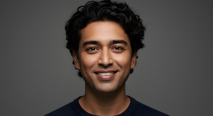 Obraz premium A close-up headshot of a smiling man with dark curly hair and a neutral gray backdrop