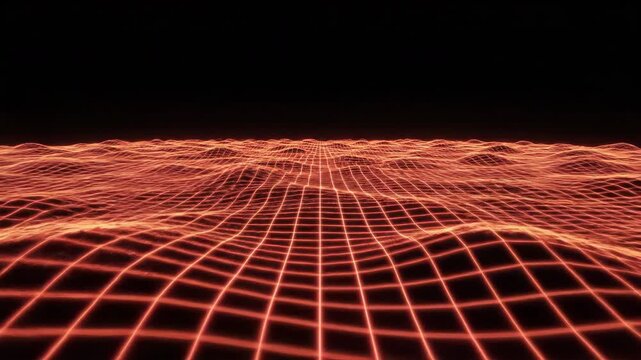 Perspective view looking down onto glowing red and orange wavy 3D digital grids seamlessly moving across a vast empty black void red, background, presentation