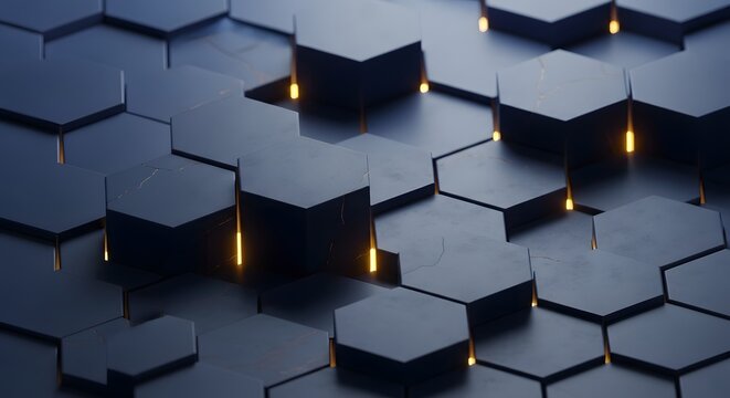 3D Black Hexagon Blocks Background with Yellow Underglow Light