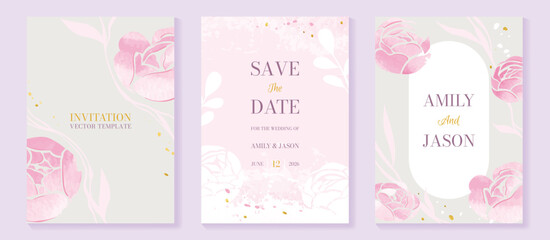 Fototapeta premium Watercolor floral wedding invitation vector set with soft yellow, blush and green watercolor background, botanical stems, gilded frames and delicate flower accents. 