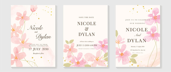 Fototapeta na wymiar Watercolor floral wedding invitation vector set with blush pink and gold watercolor background, soft flowers, botanical leaves and confetti accents. Romantic design for save the date cards and menu.