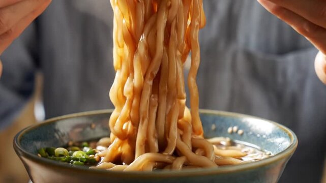 Hands use chopsticks to lift thick noodles from a ceramic bowl of broth garnished with green onions