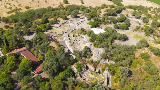 Tevfikiye, Turkey. Ruins of the megaron palaces and residential buildings of Troy VI on the terraced slopes of the citadel. Aerial view, Point of interest
