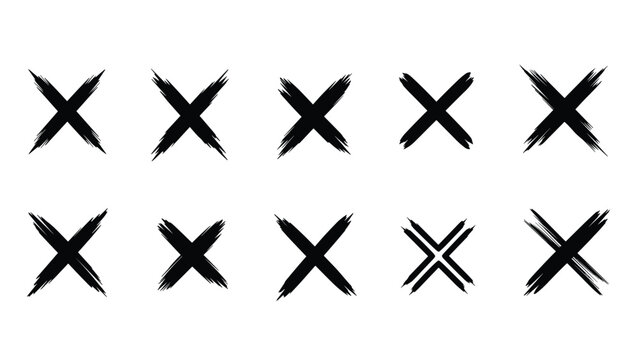 Set of ten hand drawn black brush stroke cross marks or x symbols for correction rejection and error concepts.