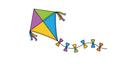 Colorful kite with a long tail and several small bows flying against a plain background for summer fun concepts.