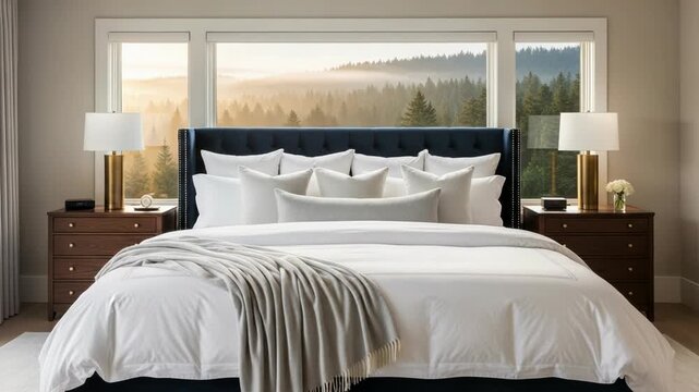 A luxurious bedroom scene featuring a large bed with a scenic forest view through a window
