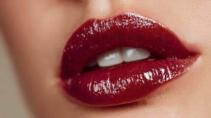 Fototapeta premium Glossy Red Lip Makeup Close-Up for Beauty and Fashion Concepts