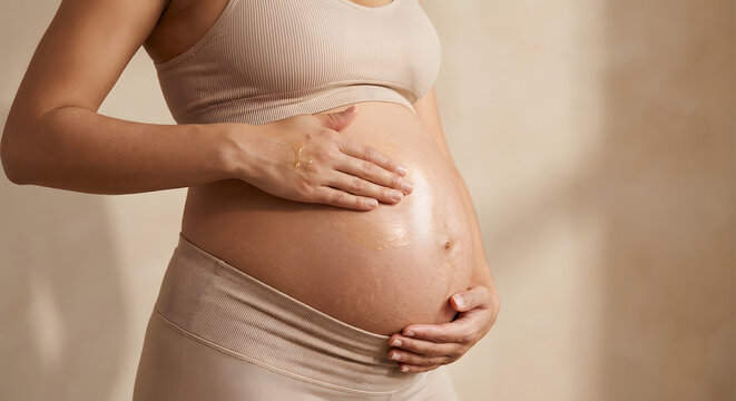 pregnant woman applying natural oil or moisturizer to her belly to prevent stretch marks and care for skin during pregnancy wellness and maternity body care at home
