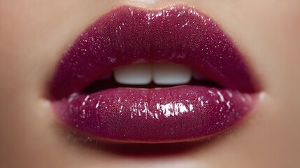 Close-Up of Glossy Lips with Dark Purple Lip Gloss Shine