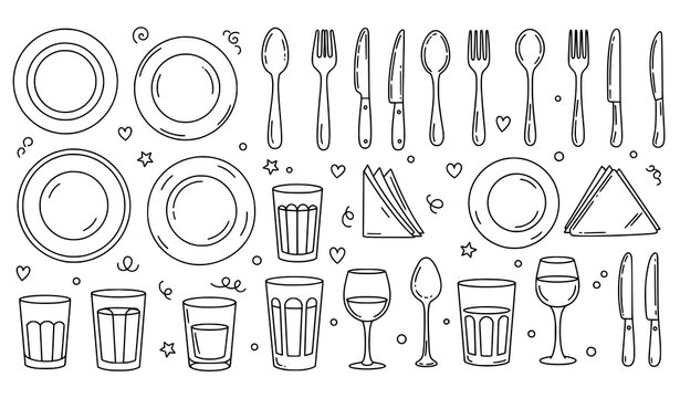 Playful hand-drawn tableware doodle icon set with plates and cutlery vector