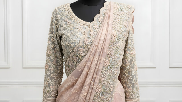 Exquisite Peach Embroidered Indian Saree with Heavily Embellished Blouse for Wedding and Formal Occasions, Traditional South Asian Floral Net Sari with Intricate Scalloped Border Beadwork on Mannequin