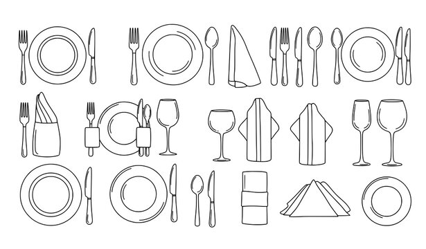 Line art table setting and etiquette icon collection hand-drawn vector