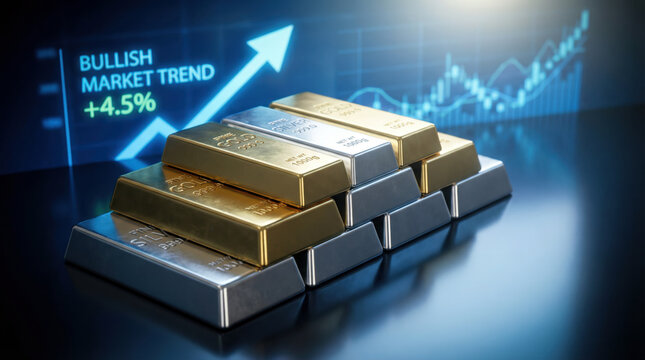 Gold and silver bars stacked with bullish market trend graph in background, indicating financial growth