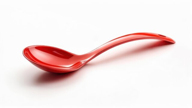 Red plastic spoon on white surface, close up shot.