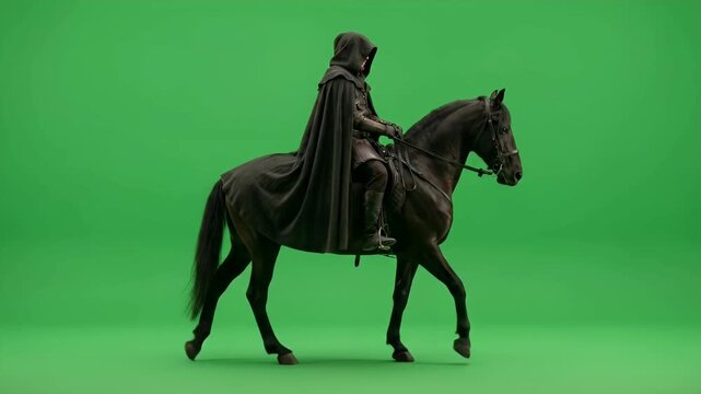 Mysterious hooded ranger riding a horse isolated on green screen