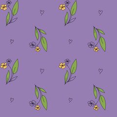 Fototapeta premium Seamless pattern with floral branches, leaves, and small heart accents on a soft purple background. Gentle botanical illustration with a cozy and modern feel, suitable for textile prints, kids decor, 