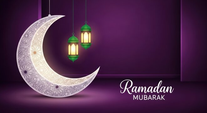 Ramadan mubarak greeting with crescent moon and lanterns for islamic holy month