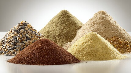 Diverse Range of Natural Food Ingredients in Piles on White Surface