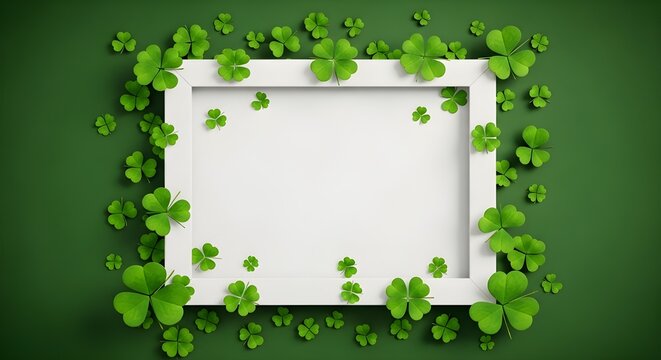 White frame with shamrocks in soft green pastel lighting on dark green background for St. Patricks Day greeting card