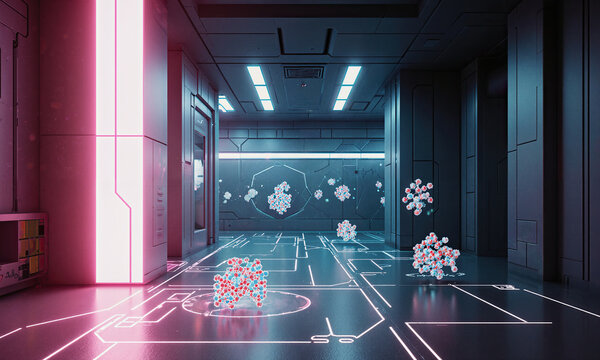 Supramolecular Assembly Lab. A research space where molecules self-assemble into structures, walls displaying molecular assembly in real-time, surfaces with self-organizing