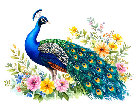 Beautiful vector watercolor illustration of a peacock among flowers.