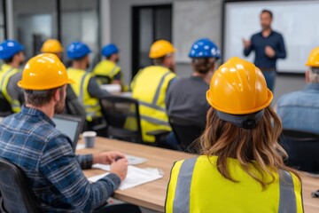 Construction workers attending safety training seminar