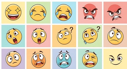 Fototapeta premium A grid of cartoon faces showing various emotions and reactions in a colorful digital illustration.