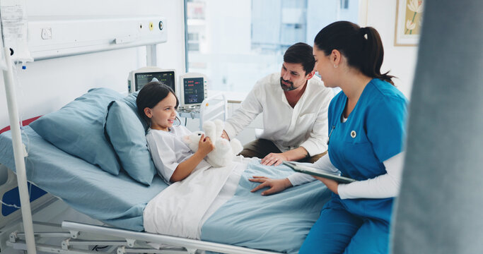 Happy, child and nurse with tablet, hospital and woman with health report on website, help and care. Healthcare, pediatric and explaining medical diagnosis to family, man and support for daughter