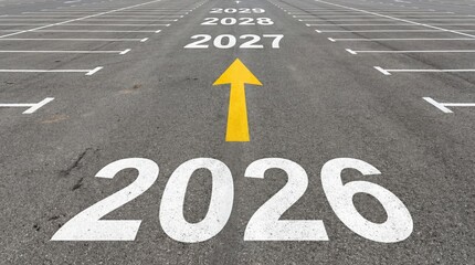 Fototapeta premium Future focused parking lot with directional arrow and year markers