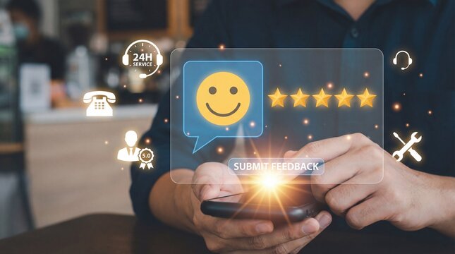 Customer giving feedback with happy smiley face on smartphone