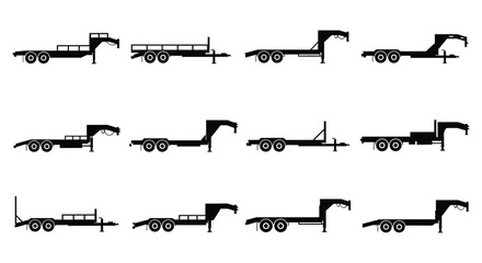 A collection of various articulated trucks and trailers displayed in a minimalist black silhouette on transparent background high quality professional detailed © mrvect02