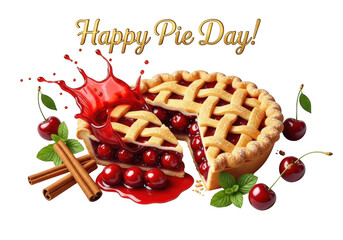 Delicious cherry pie with cherry juice splash isolated on transparent background