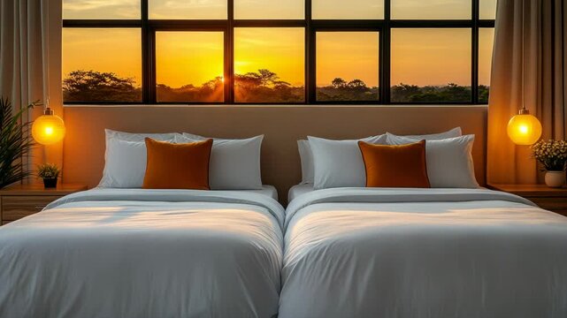 A hotel room featuring twin beds, orange pillows, and a large window with a sunset view