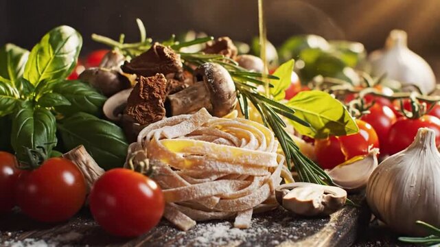 Uncooked pasta nests fresh red tomatoes green basil leaves and white garlic bulbs are arranged on a rustic wooden board dusted with flour