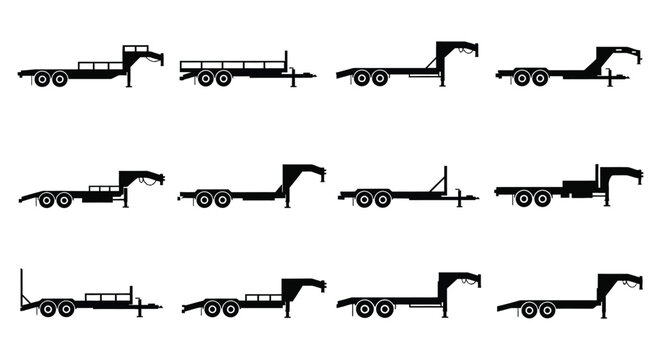A collection of various articulated trucks and trailers displayed in a minimalist black silhouette on transparent background high quality professional detailed