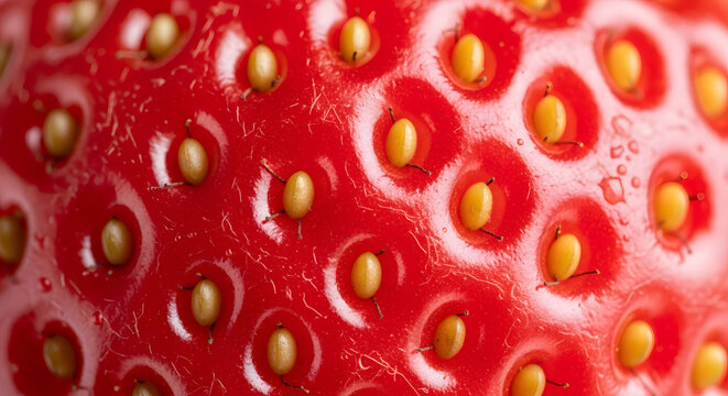 Detailed macro photography showing the skin texture and achenes of a ripe organic strawberry fruit