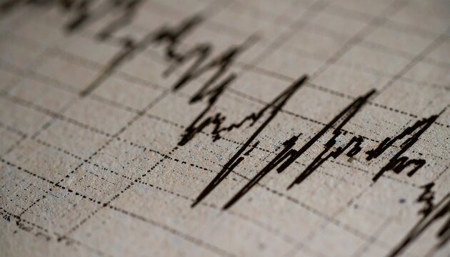Close-up view of a seismograph recording intense seismic activity on graph paper with precise waveform patterns.
